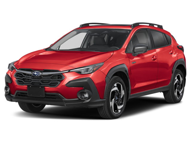 Front 3/4 view of a shiny red 2024 Subaru Crosstrek with black accents.