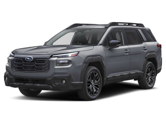 A gray Subaru Forester Wilderness concept SUV, displaying its rugged grille and dark gray trim, against a black background.