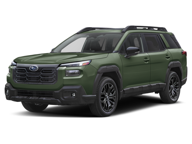 A dark green Subaru SUV with a bold front grille and roof rack, angled front-left against a black background.