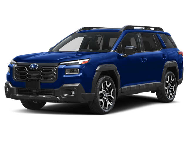 A dark blue SUV with a black grille and roof racks, parked from a front 3/4 view.