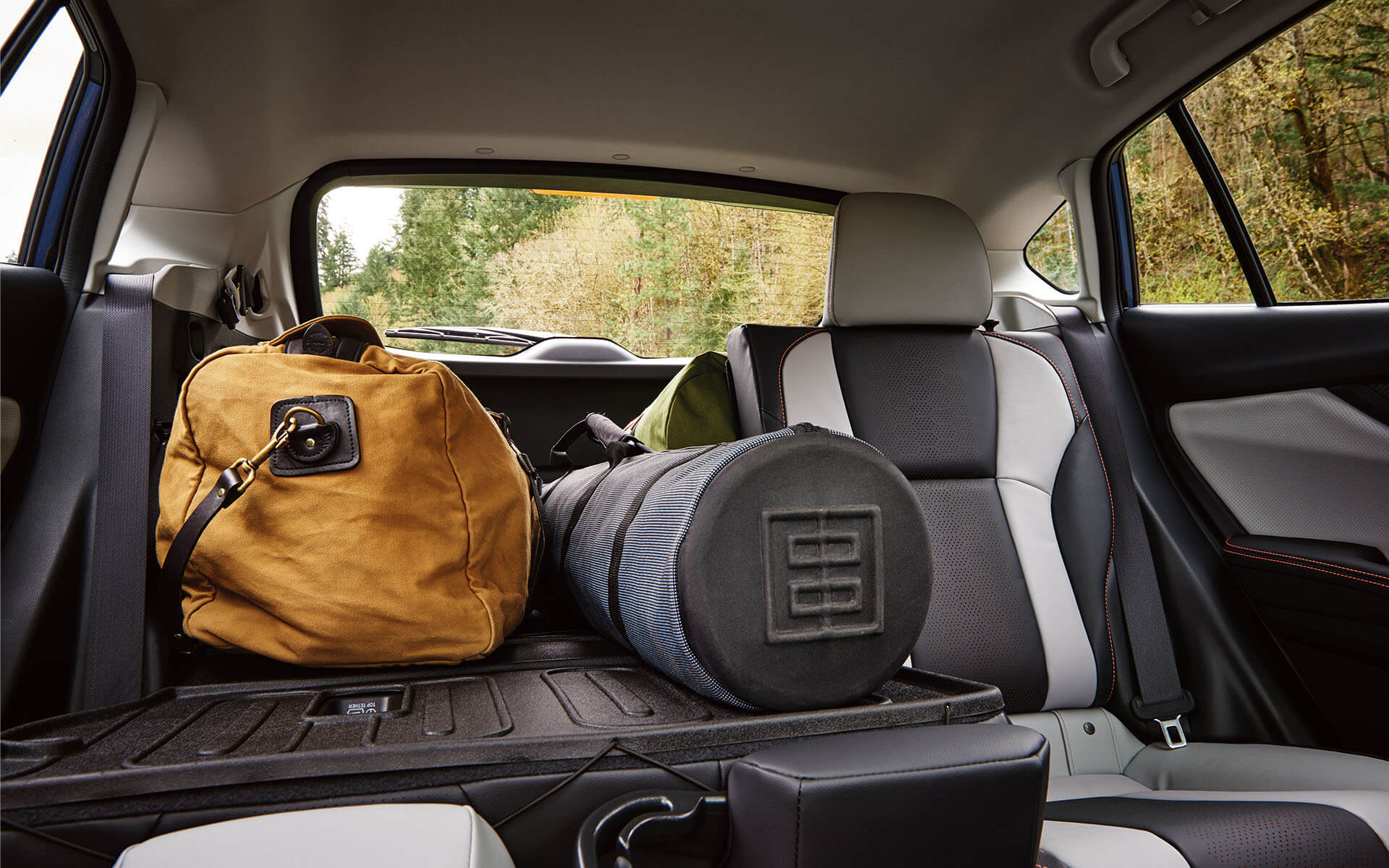 Car trunk interior with two bags and folded seats, viewed from inside towards a wooded outdoor scene.