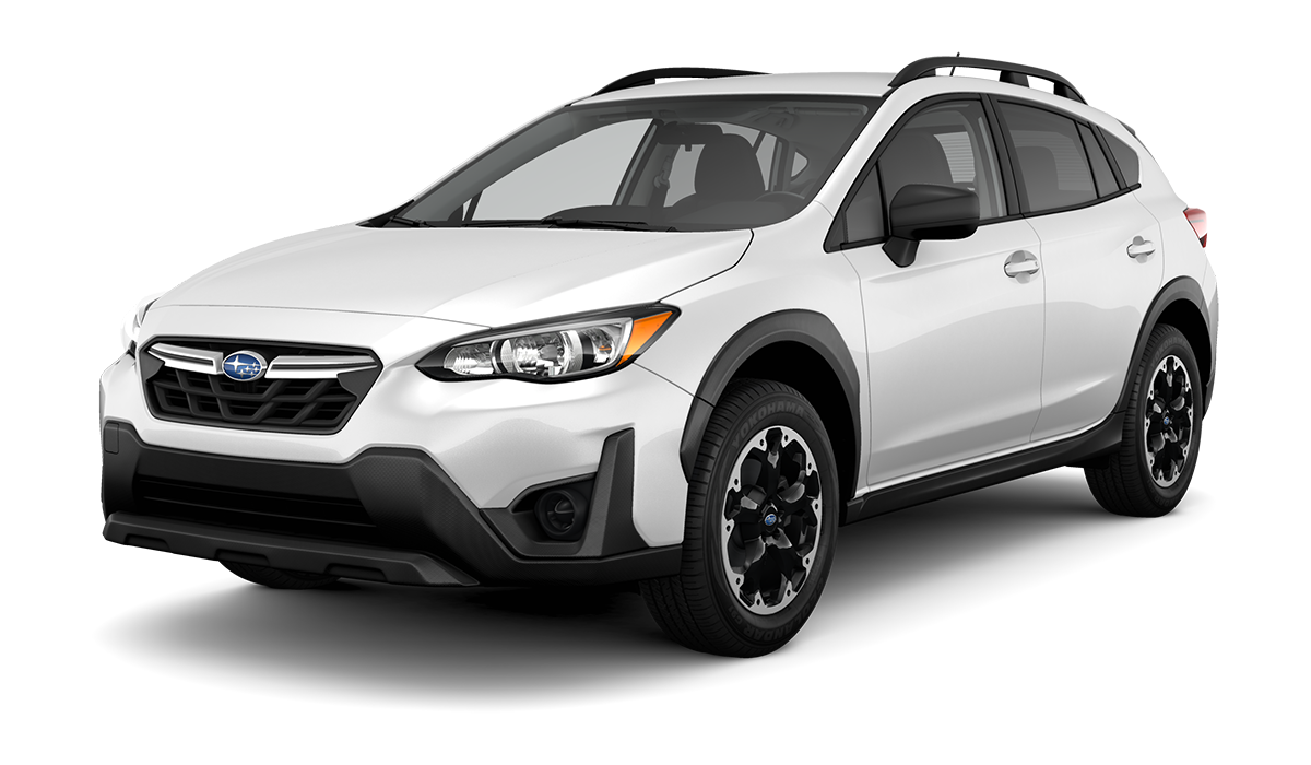 Front 3/4 view of a white Subaru Crosstrek SUV with black trim and roof rails, against a black background.