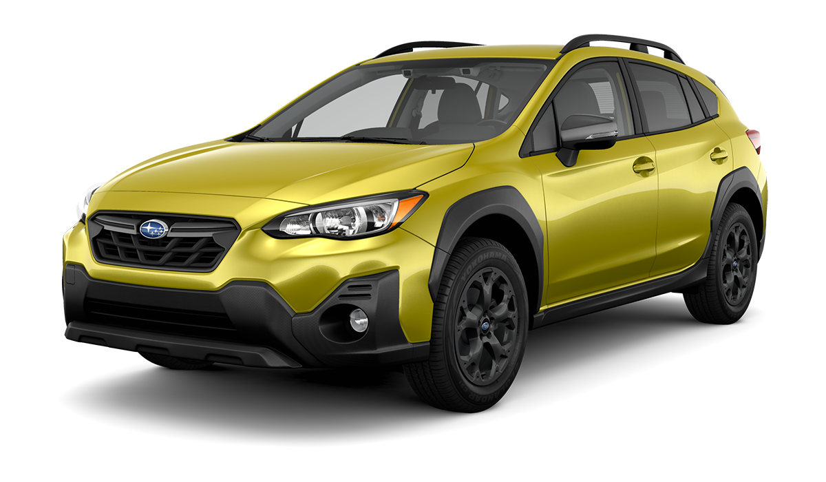 Front three-quarter view of a bright yellow Subaru Crosstrek with black trim, rooftop rails, and wheels on a black background.