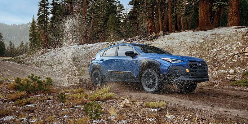 Blue Crossover SUV Splashing Through a Forest Trail