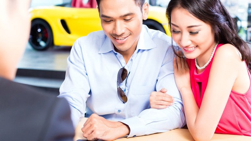 Couple reviewing vehicle financing and lease options