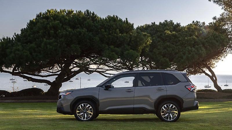 2025 Subaru Forester in silver, three-quarter beauty shot on grass