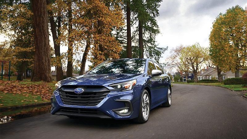 2025 Subaru Legacy sedan in blue, front three-quarter on a road