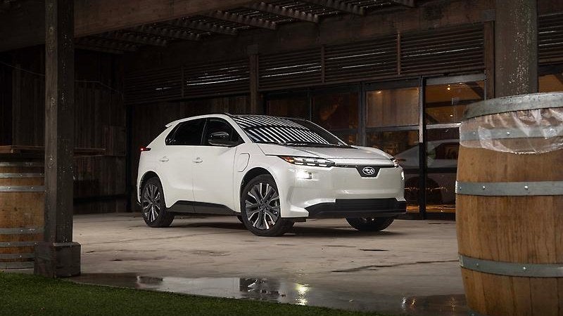 2024 Subaru Solterra electric SUV in white, three-quarter view