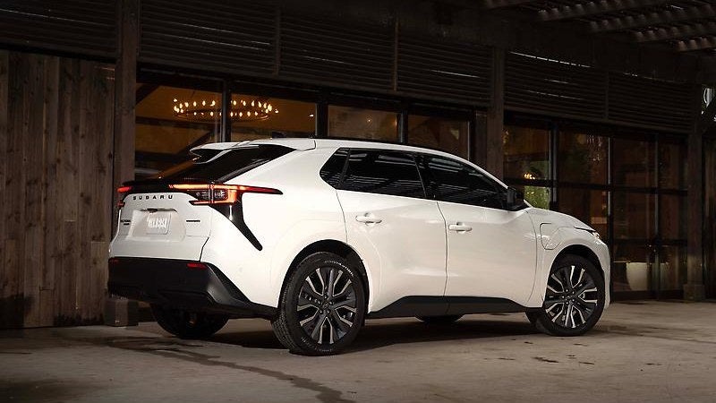 Subaru Solterra electric SUV in white, three-quarter view