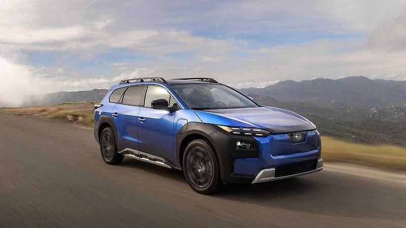 2026 Subaru Trailseeker electric SUV, front three-quarter with mountains