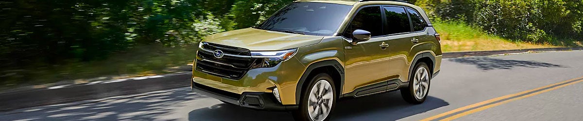 Gold Subaru Forester Hybrid parked in a lot near a park with people in the background.