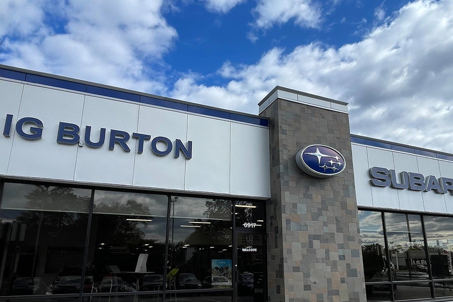 The front of i.g. Burton Subaru from the outside of the building. The photo features the i.g. Burton text and Subaru logo.